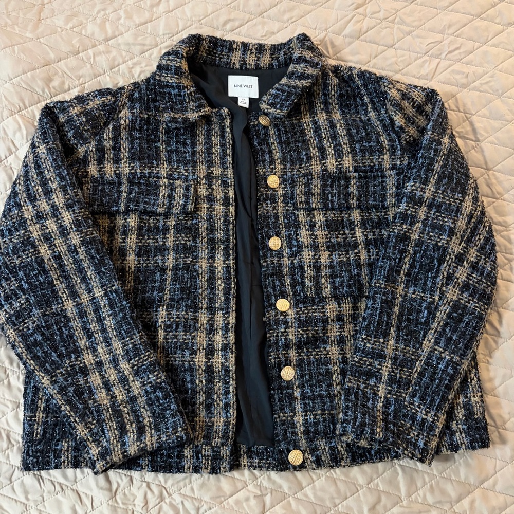 Nine West Navy and Beige Tweed Jacket with gold buttons.